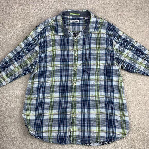 Tommy Bahama Blue Palapa Plaid Size XL Seagrove Floral Button Up - Picture 3 of 14